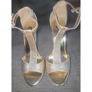 Michael Antonio Gold Glitter T-Strap Stiletto Heels - Size 7